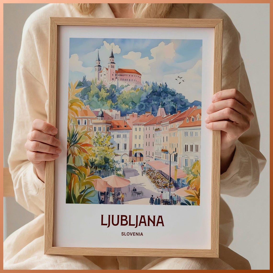Ljubljana Slovenia Castle Hill Old Town Watercolor Travel Poster