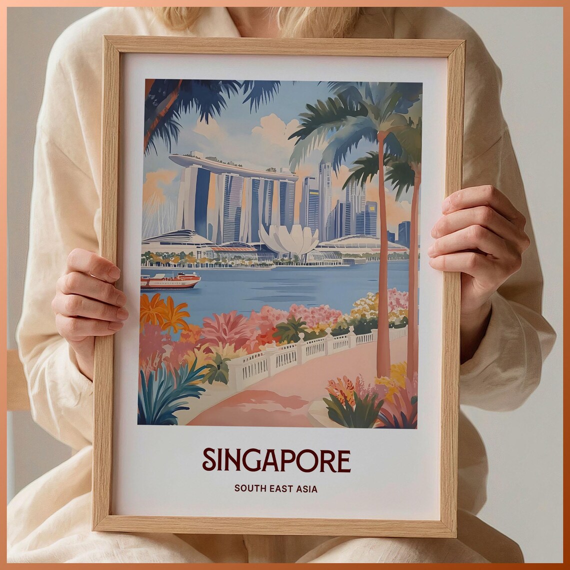 Singapore City Marina Bay Sands Skyline Palm Trees Travel Poster