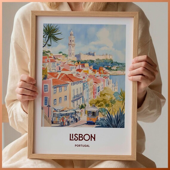 Lisbon Portugal Yellow Tram Alfama Street Watercolor Travel Poster