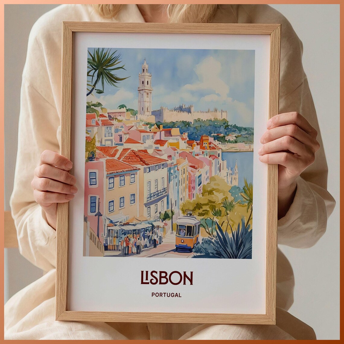 Lisbon Portugal Yellow Tram Alfama Street Watercolor Travel Poster