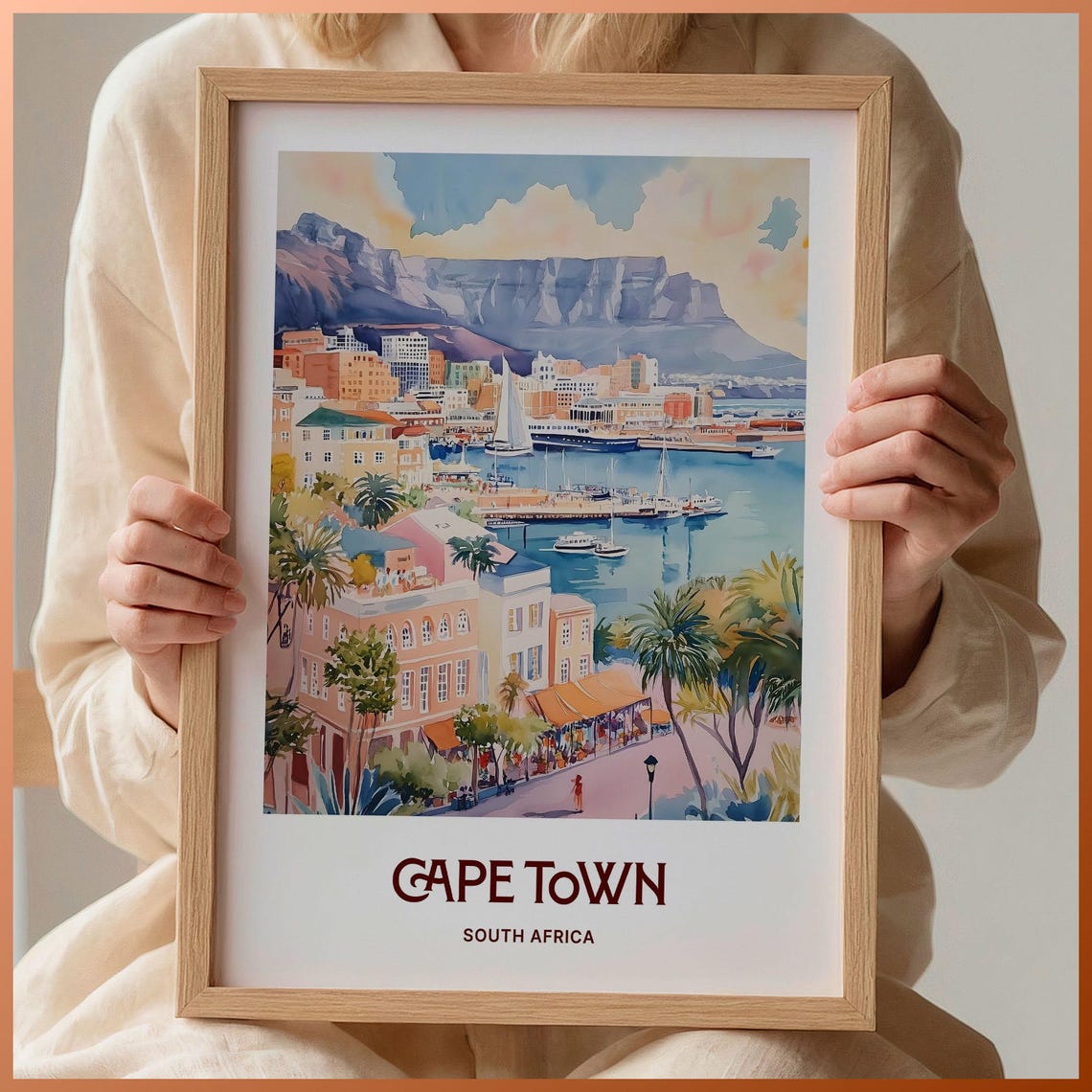 Cape Town South Africa Table Mountain Harbor Watercolor Travel Poster