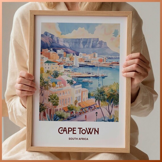 Cape Town South Africa Table Mountain Harbor Watercolor Travel Poster