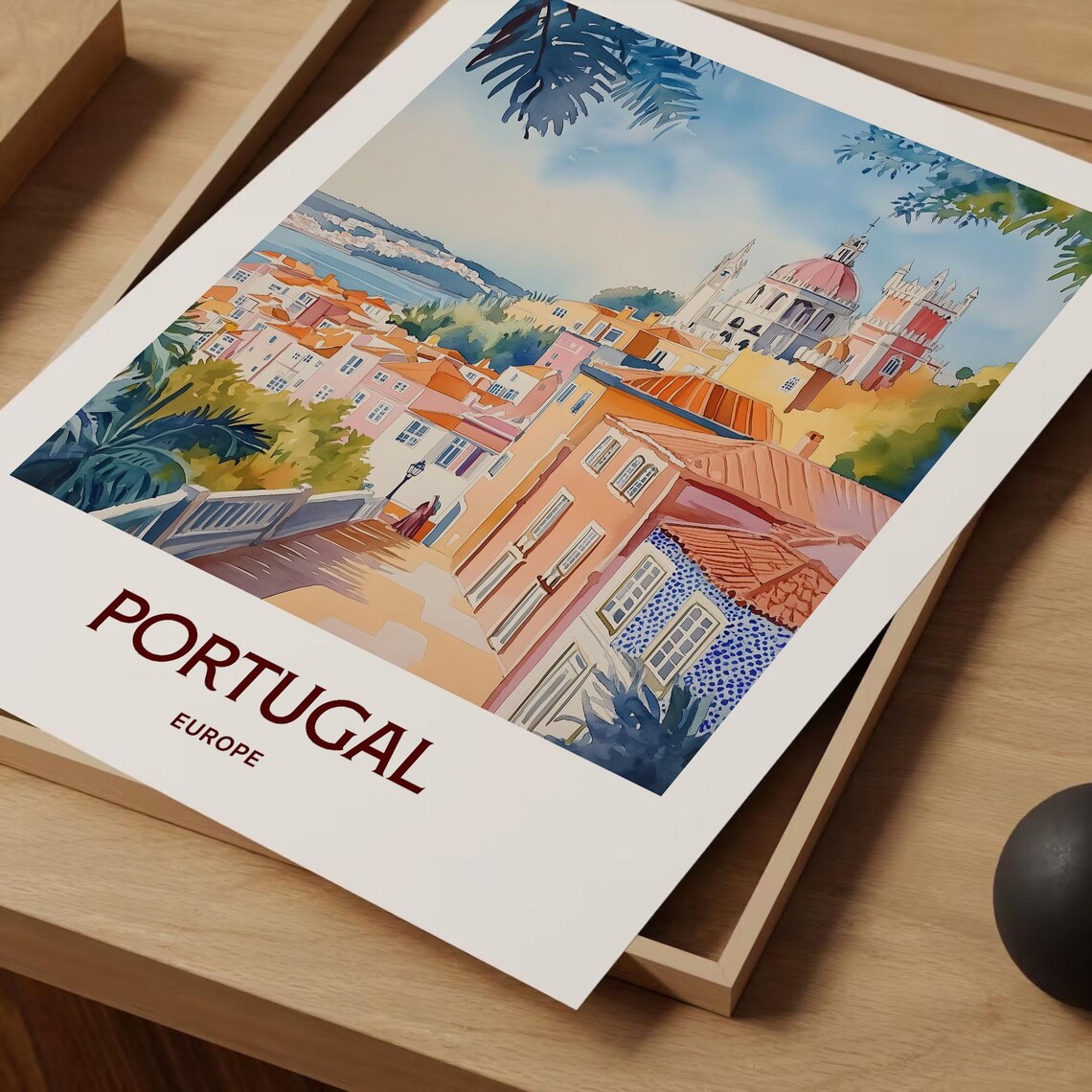 Portugal Coastal Town Waterfront Church Tile Facades Watercolor Travel Poster - Image 2