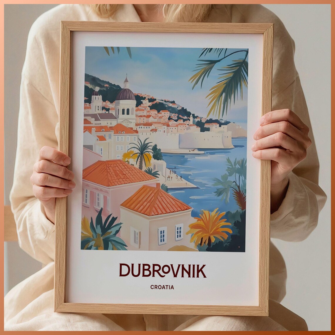 Dubrovnik Croatia Rooftops Cathedral Dome Adriatic Sea Watercolor Travel Poster