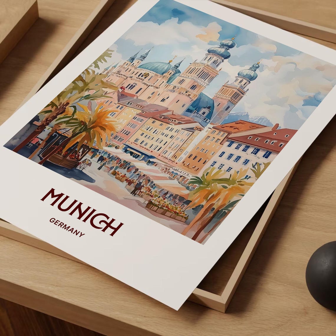 Munich Germany Old Town Watercolor Travel Poster Cathedral View - Image 2