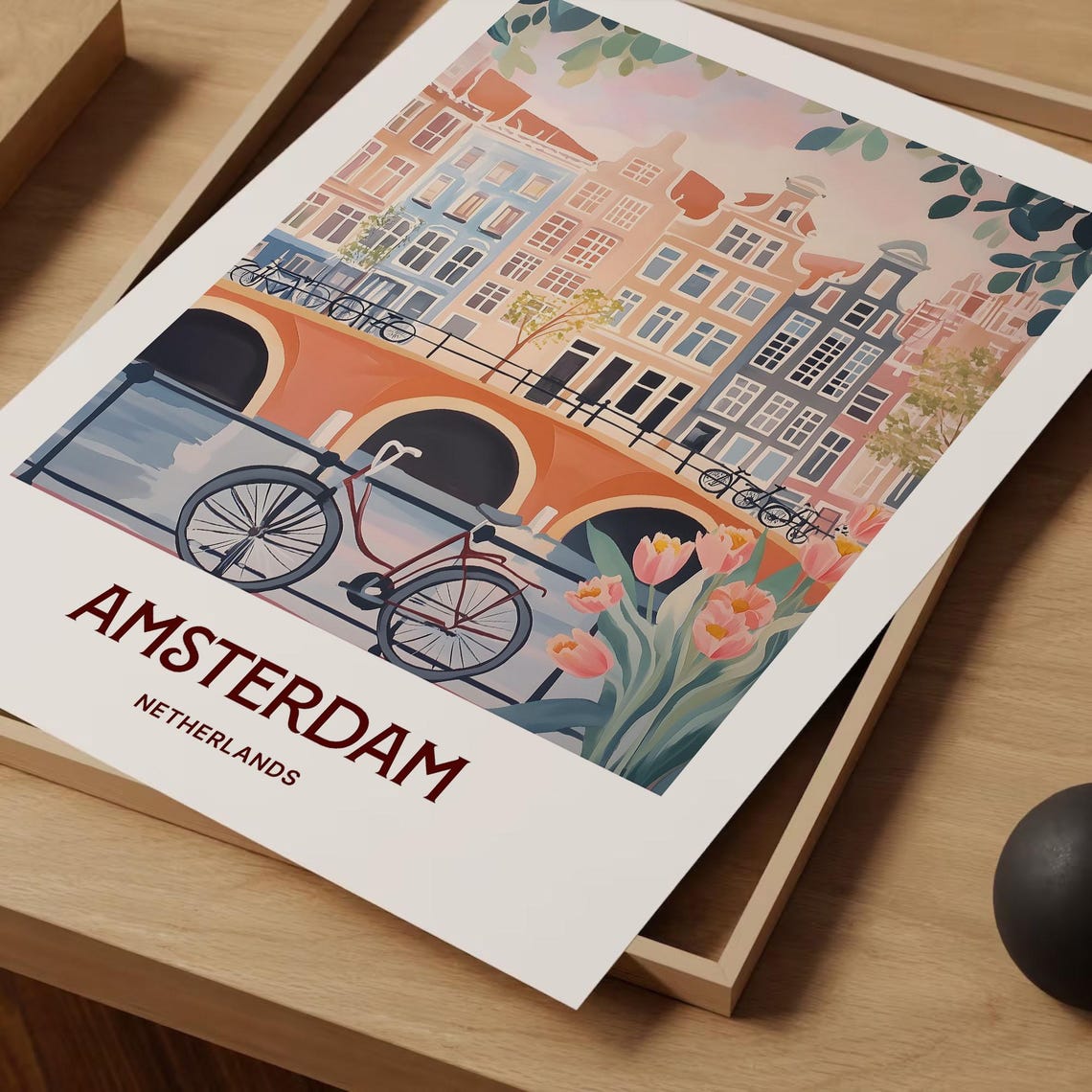 Amsterdam Netherlands Canal Bridge Bicycles Tulips Art Poster - Image 2