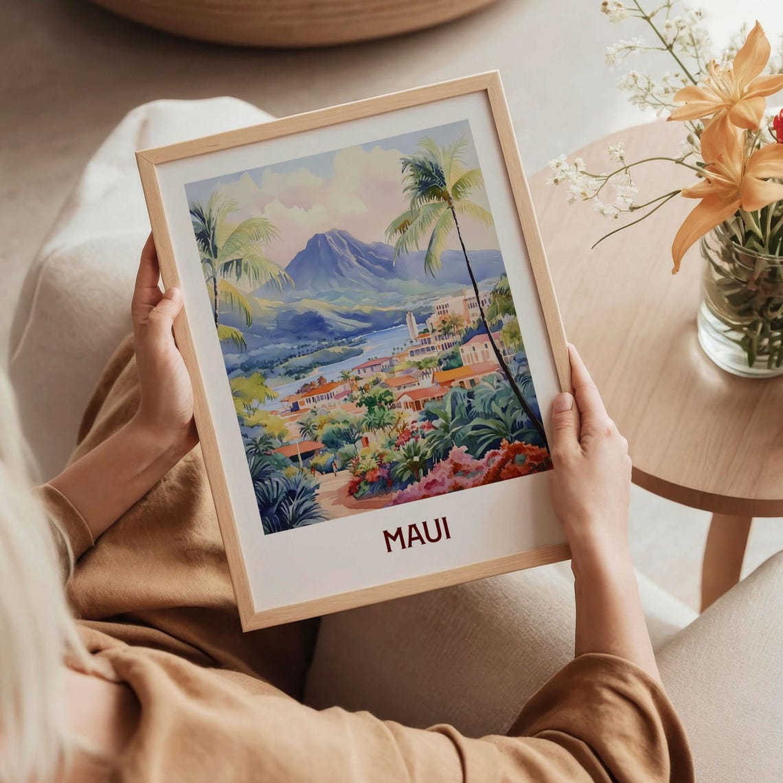 Maui Hawaii Island Volcano Mountain Coast Pastel Watercolor Poster - Image 5