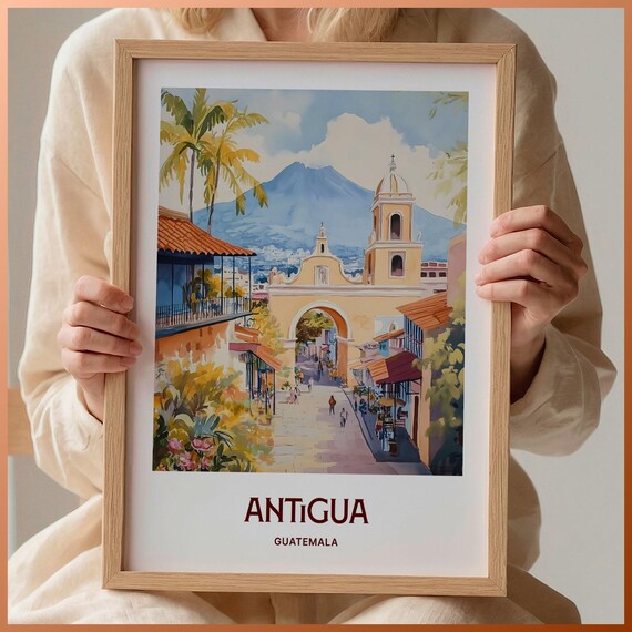 Antigua Guatemala Arch Colonial Street Watercolor Travel Poster