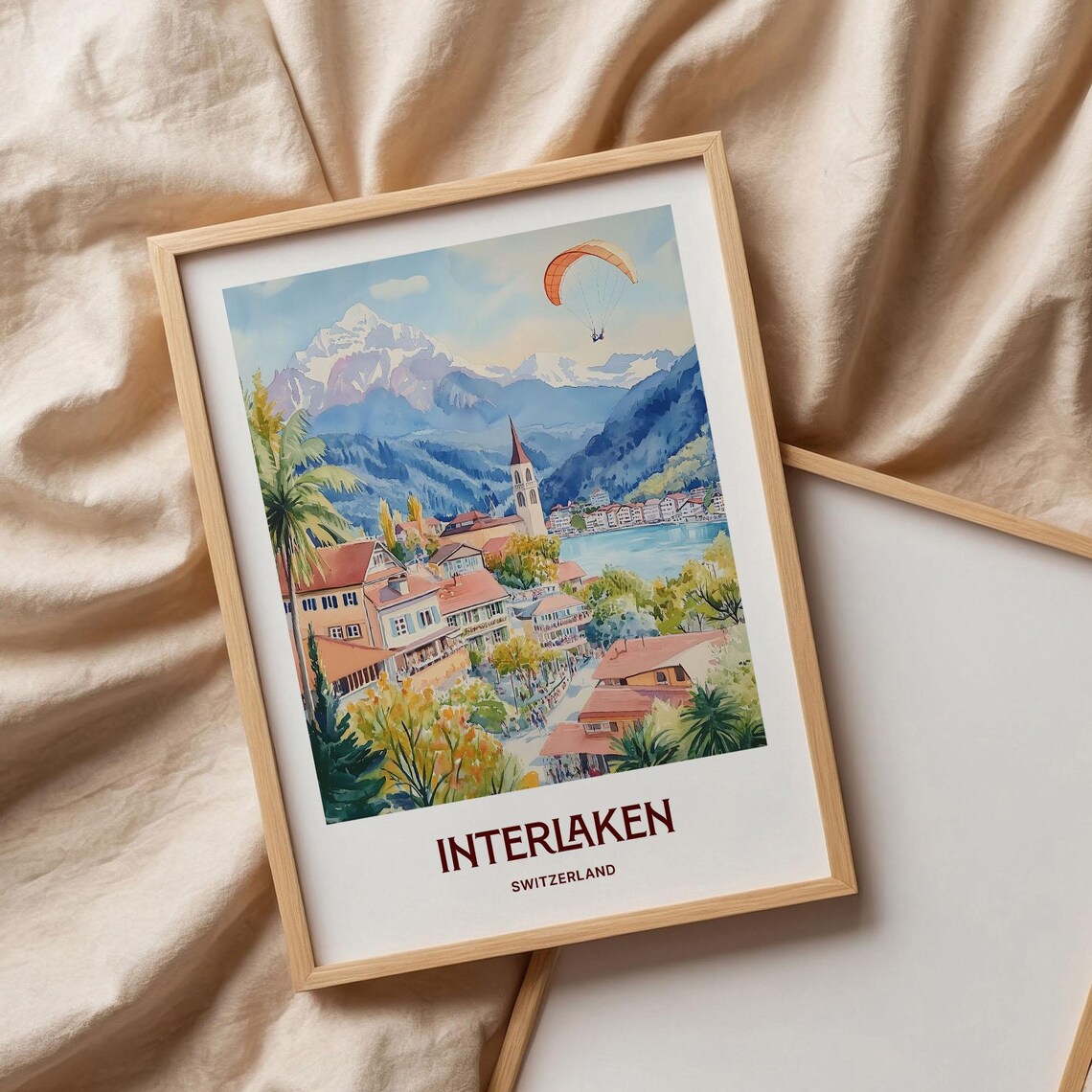 Interlaken Switzerland Alpine Lake Paraglider Watercolor Travel Poster - Image 3