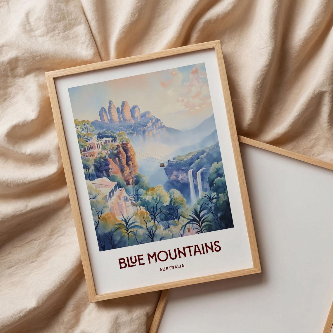 Blue Mountains Australia Cable Car Gorge Valley Pastel Art Poster - Image 3