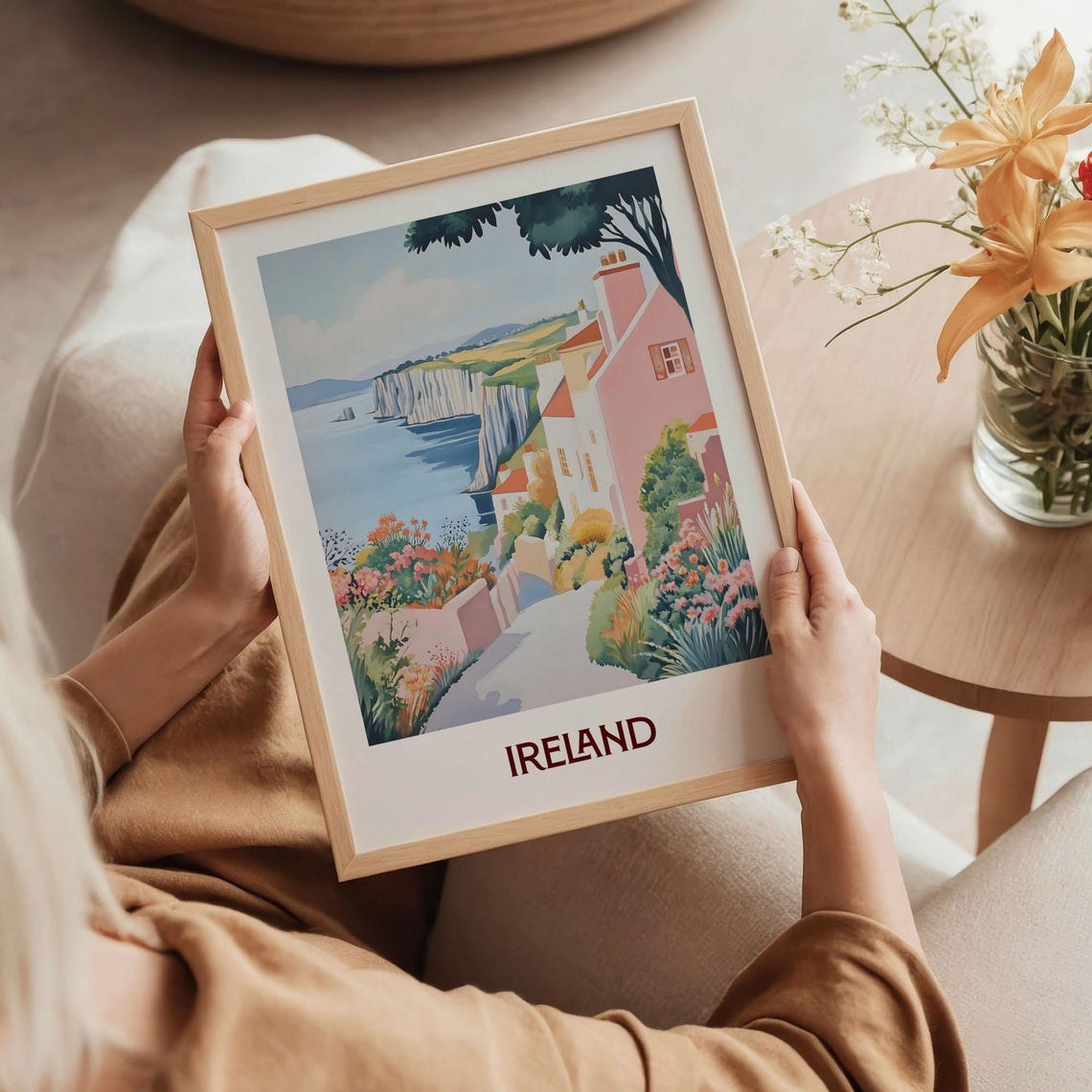 Ireland Pastel Coastal Cliffs Cottage Lane Landscape Art Poster - Image 5