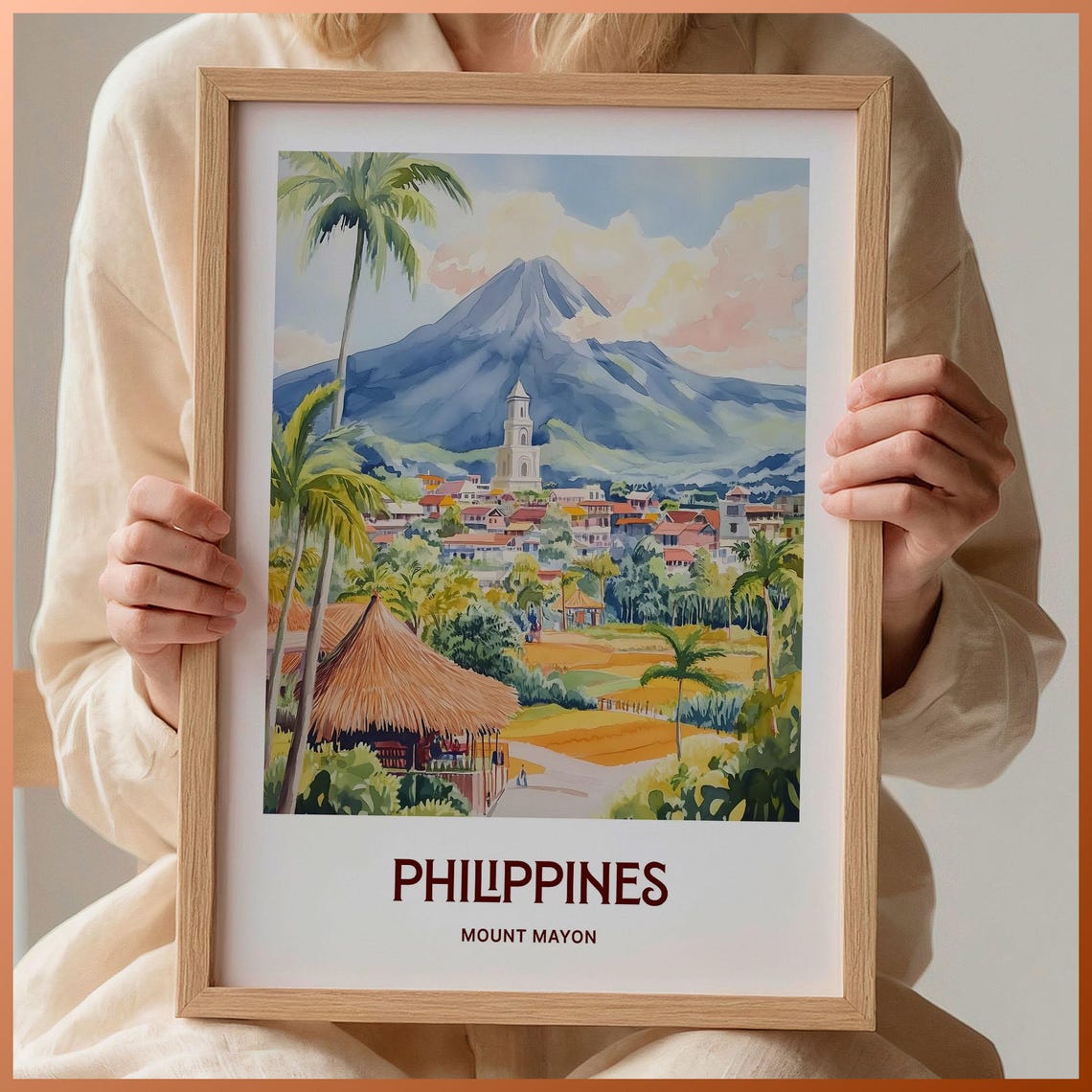 Philippines Mount Mayon Volcano Town Watercolor Travel Poster