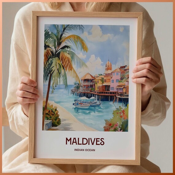 Maldives Indian Ocean Overwater Bungalows Watercolor Travel Poster