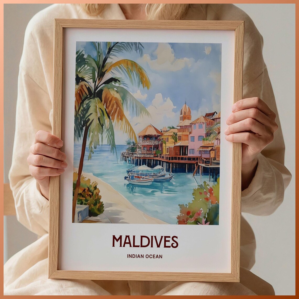 Maldives Indian Ocean Overwater Bungalows Watercolor Travel Poster