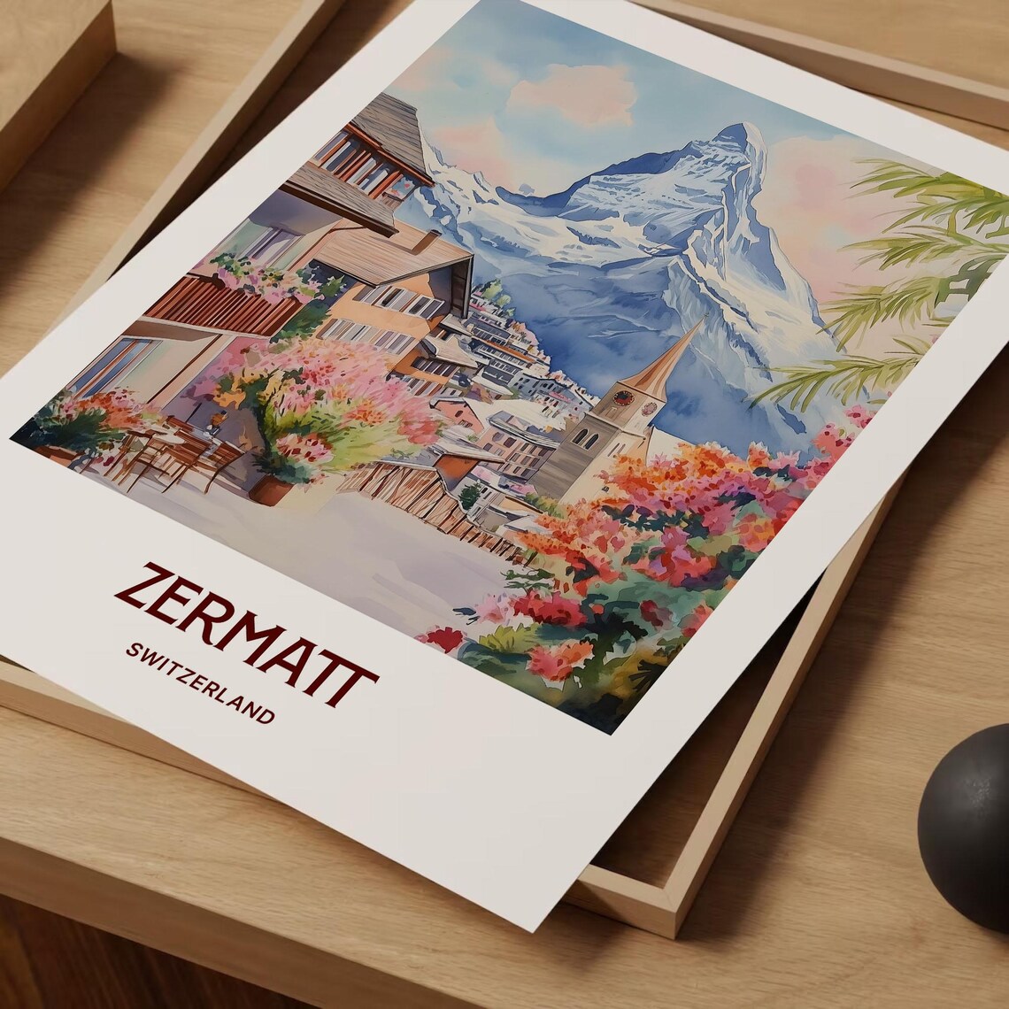 Zermatt Switzerland Watercolor Matterhorn Village Street Poster - Image 2