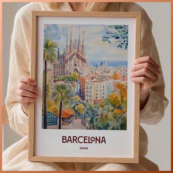Barcelona Spain Sagrada Familia City Park Watercolor Travel Poster
