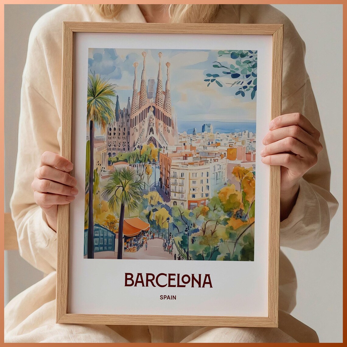 Barcelona Spain Sagrada Familia City Park Watercolor Travel Poster
