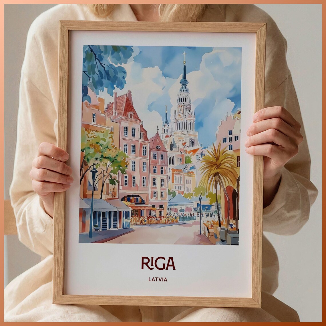 Riga Latvia Old Town Market Square Scene Watercolor Travel Poster