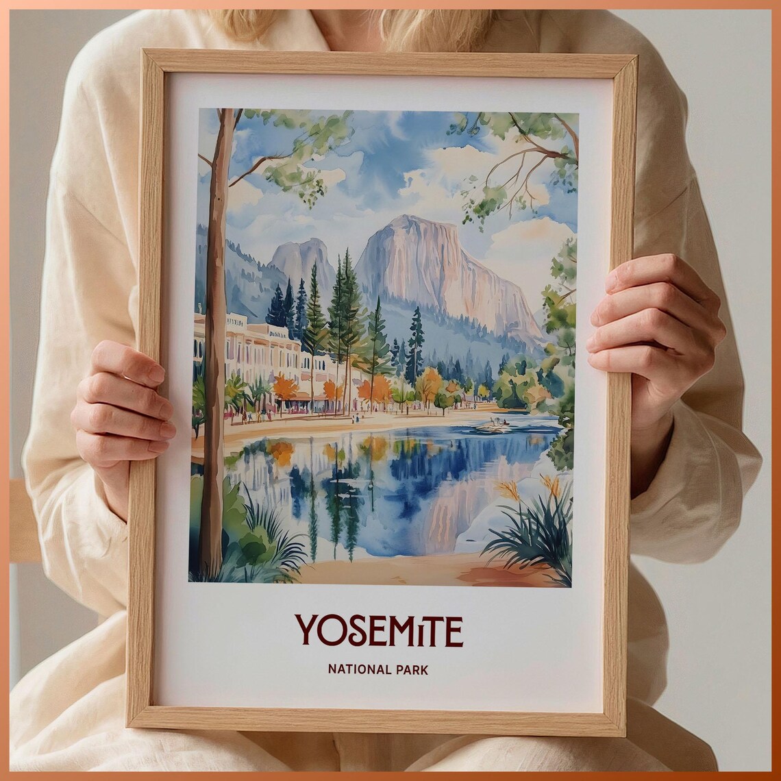 Yosemite National Park Half Dome Lake Watercolor Travel Poster