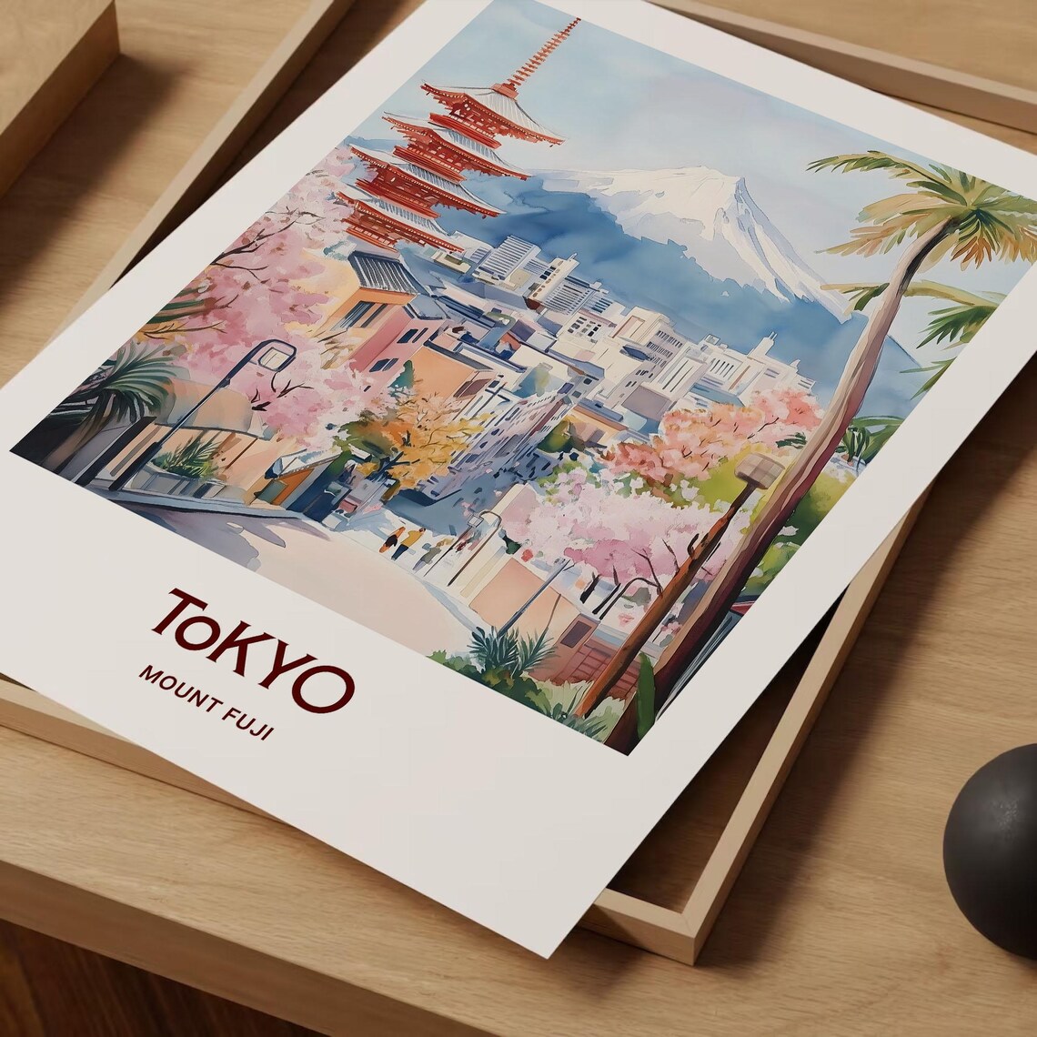 Tokyo Mount Fuji Pagoda Cherry Blossom Watercolor Travel Poster - Image 2