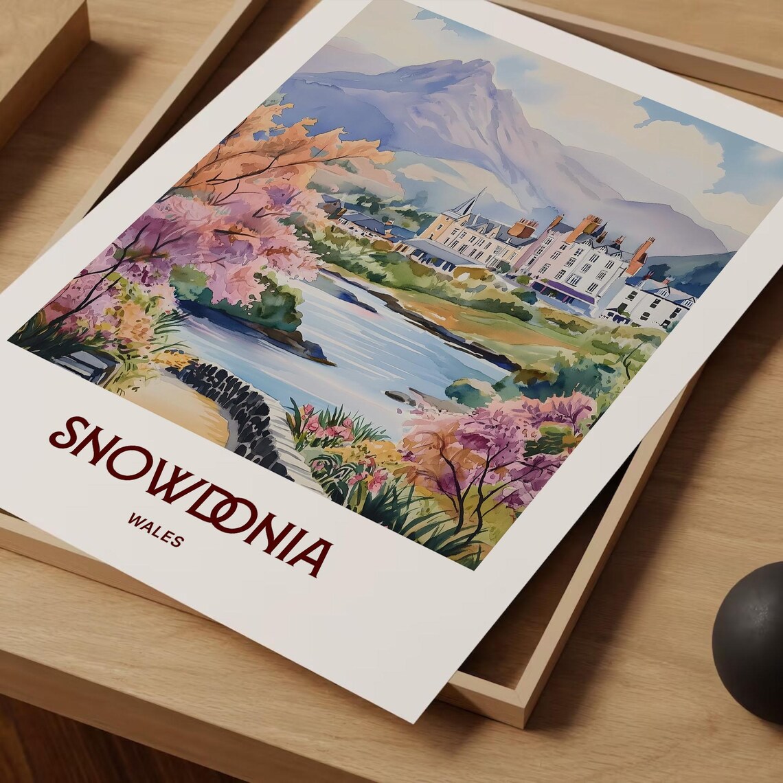 Snowdonia Wales Mountain Lake Spring Blossom Watercolor Travel Poster - Image 2