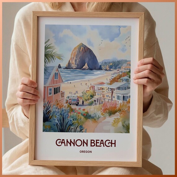 Cannon Beach Oregon Haystack Rock Seaside Watercolor Travel Poster