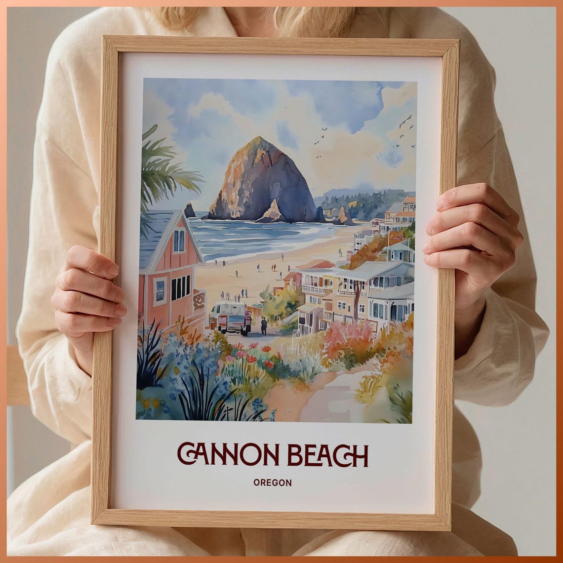 Cannon Beach Oregon Haystack Rock Seaside Watercolor Travel Poster
