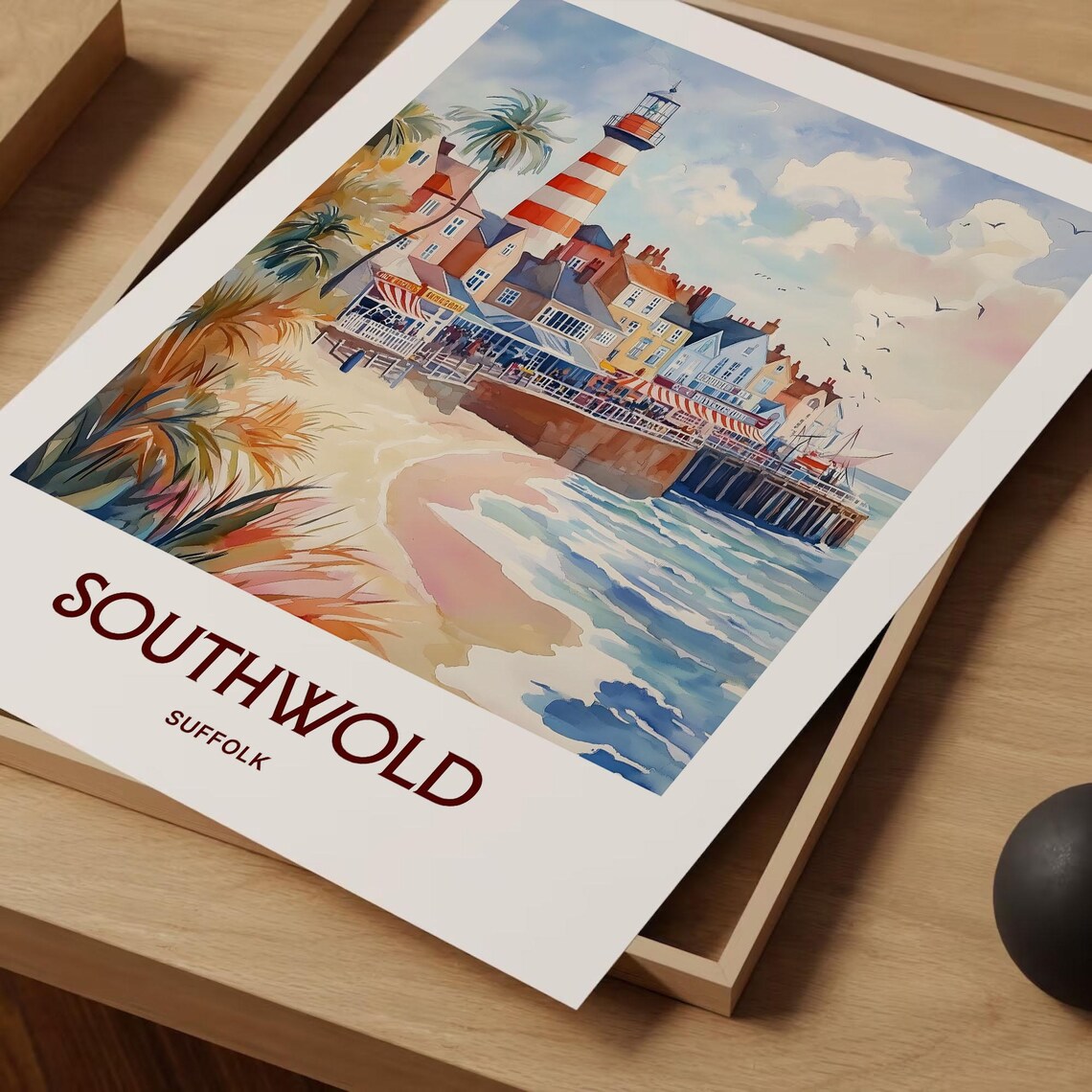 Southwold Suffolk Lighthouse Pier Beach Watercolor Coastal Travel Poster - Image 2