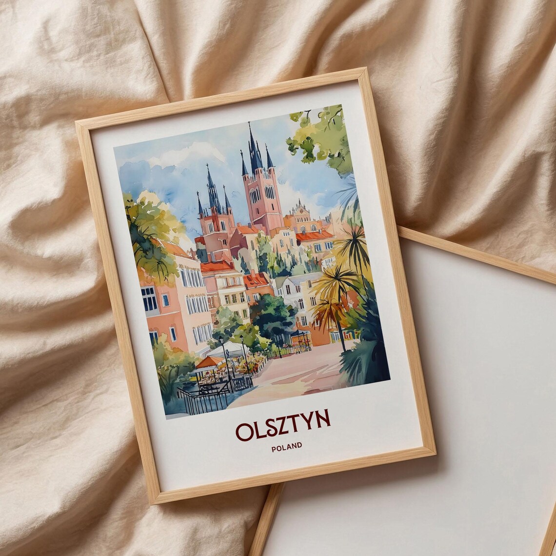 Olsztyn Poland Old Town Cathedral Towers Watercolor Travel Poster