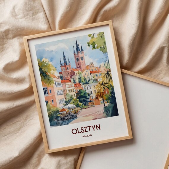 Olsztyn Poland Old Town Cathedral Towers Watercolor Travel Poster