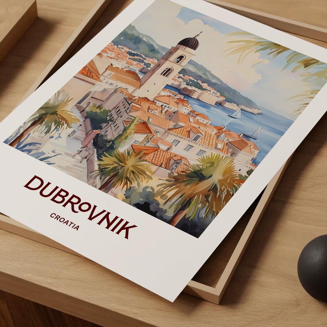 Dubrovnik Croatia Old Town Bell Tower Sailboats Watercolor Poster - Image 2