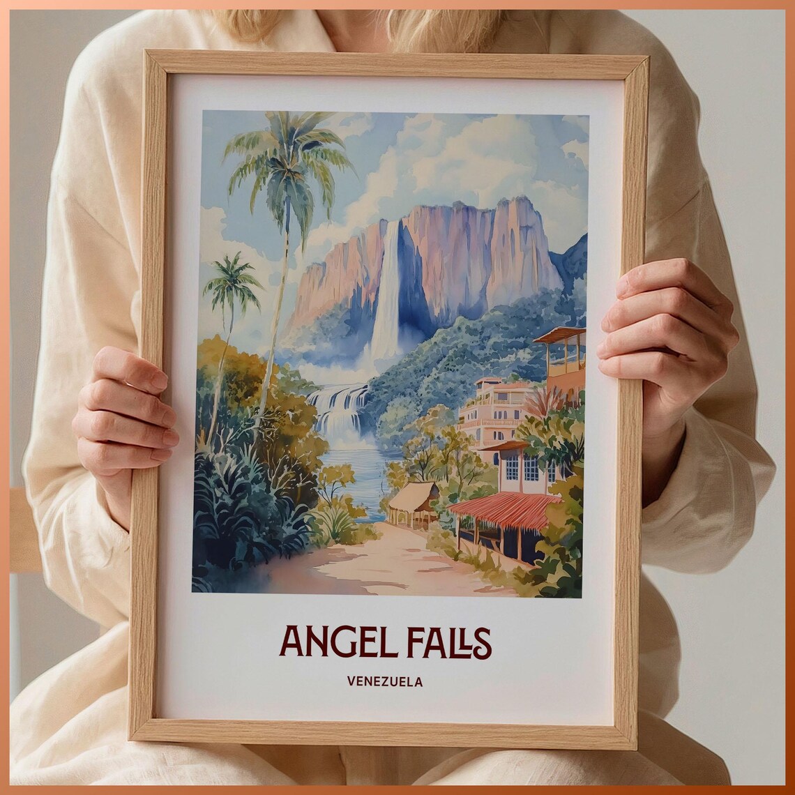 Angel Falls Venezuela Waterfall Tepui Jungle Watercolor Travel Poster