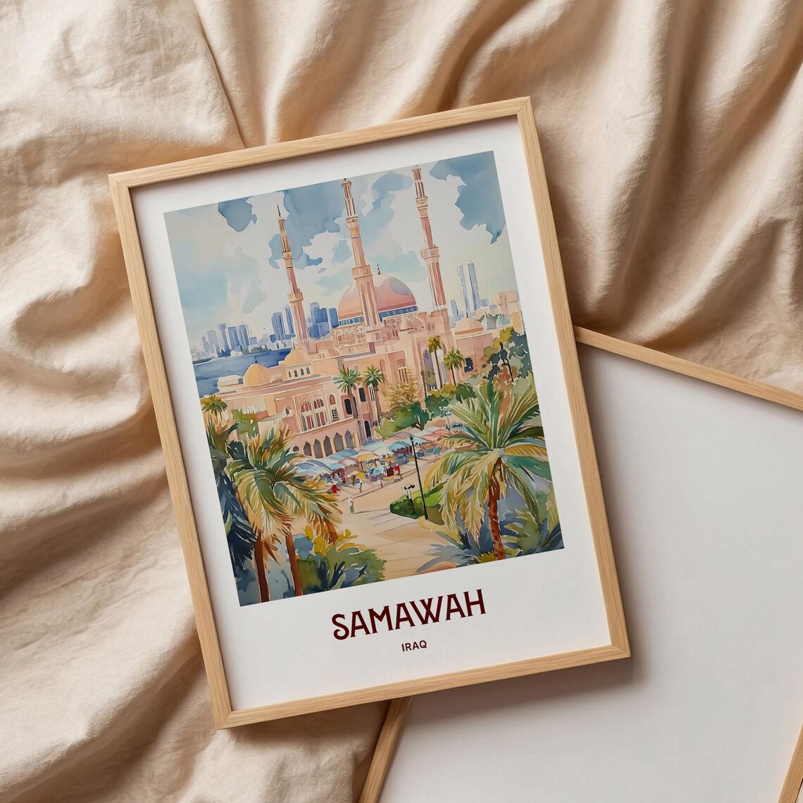 Samawah Iraq Watercolor Grand Mosque Minarets Palm Trees City Poster - Image 3