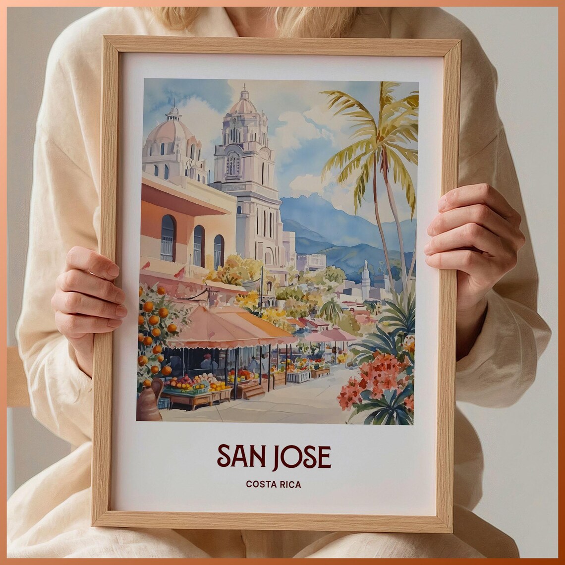 San Jose Costa Rica Market Cathedral Watercolor Travel Poster
