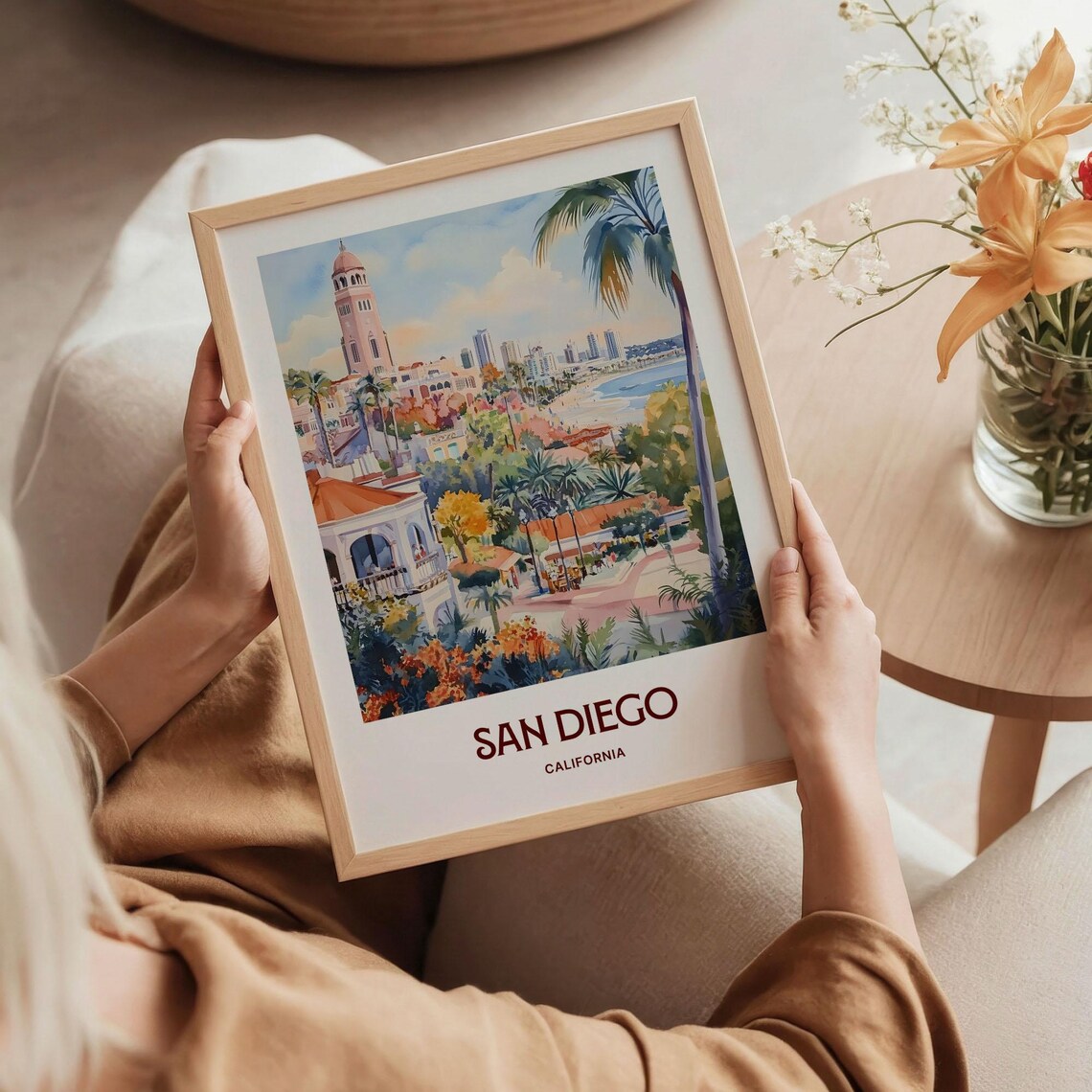 San Diego California Mission Style Bell Tower Coast Watercolor Poster - Image 5
