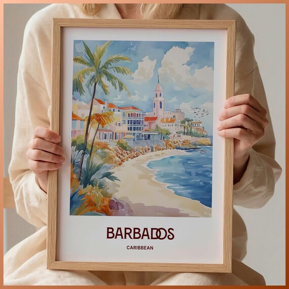 Barbados Caribbean Beach Palm Trees Colonial Coastal Town Poster
