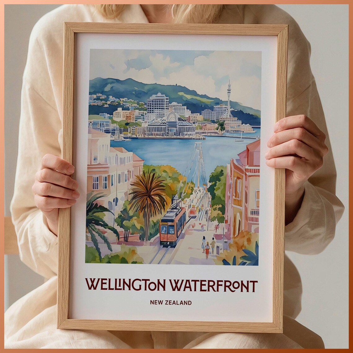Wellington Waterfront New Zealand Cable Car Harbor Watercolor Travel Poster