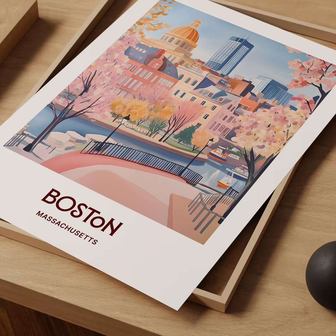 Boston Massachusetts State House Dome Park Boats Watercolor Travel Poster - Image 2