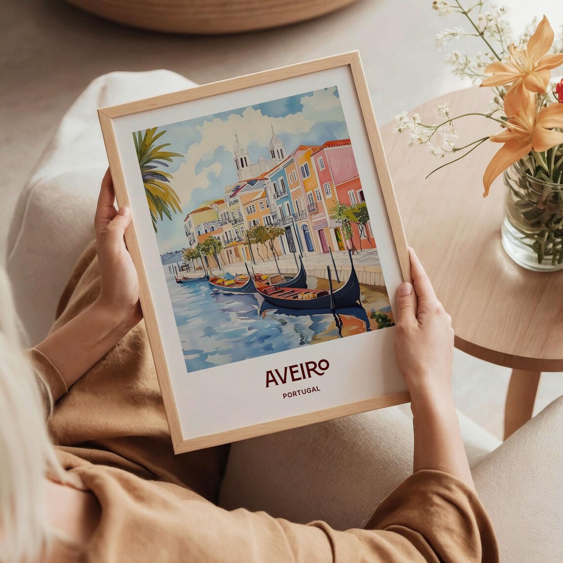 Aveiro Portugal Canal Boats Colorful Houses Watercolor Travel Poster Art - Image 5