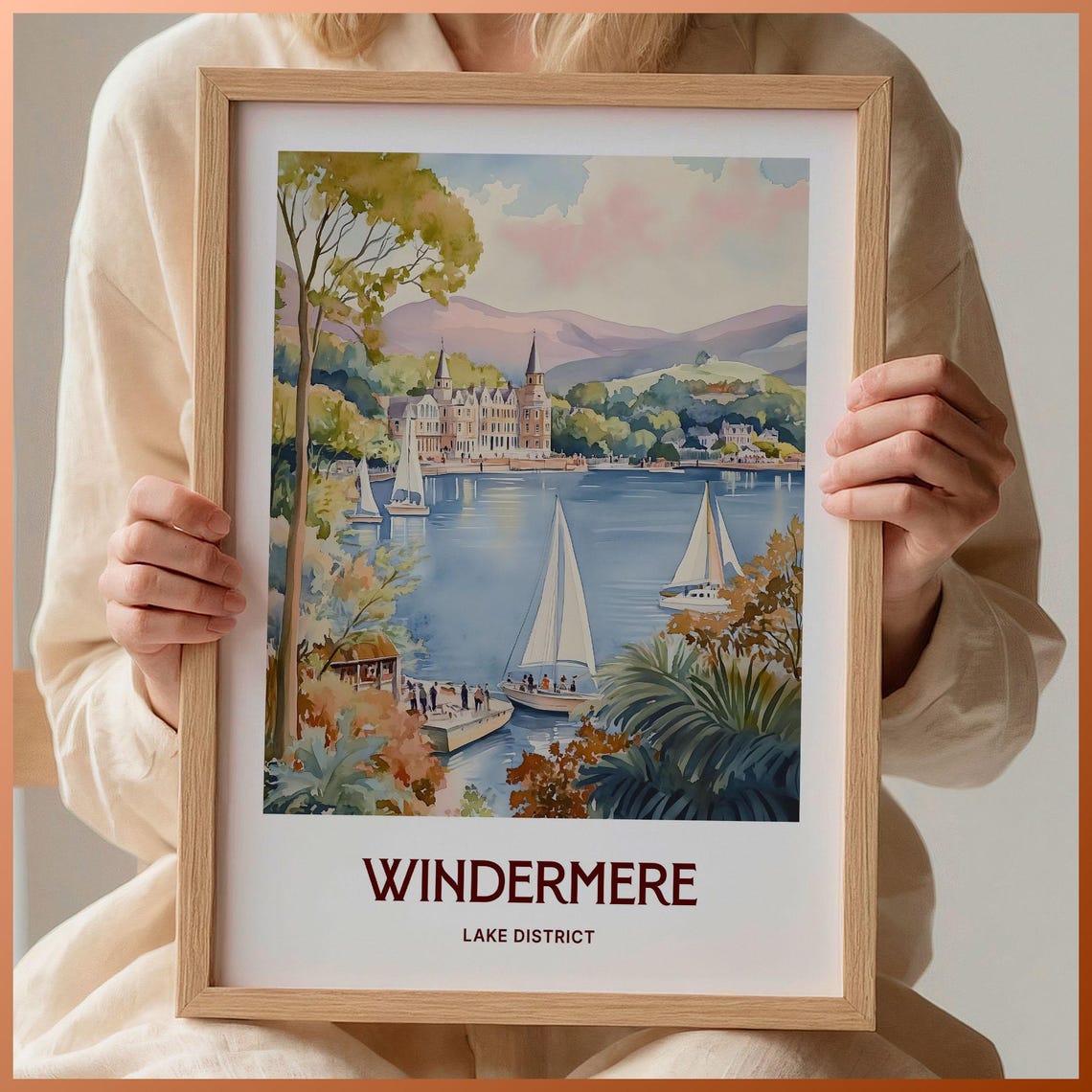 Windermere Lake District Sailboats Lake Watercolor Travel Poster