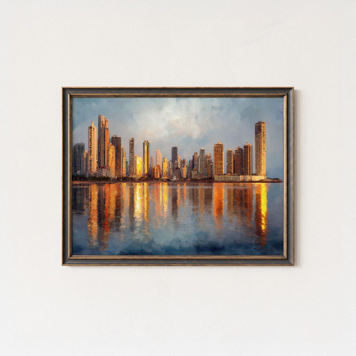 Panama City Sunset Skyline Water Reflection Gold Oil Art Poster