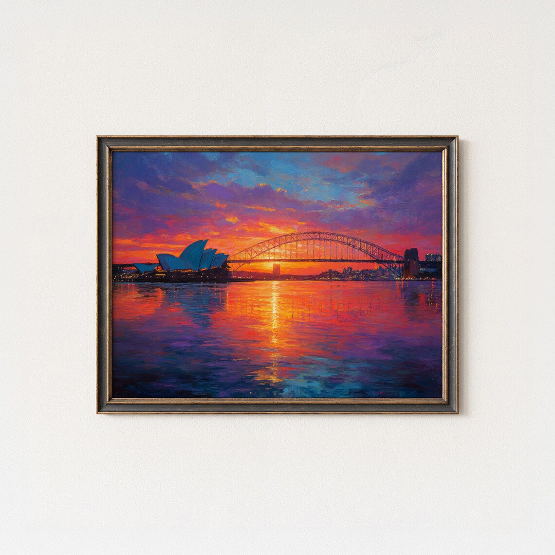 Sydney Harbour Opera House Bridge Fiery Sunset Oil Painting Poster