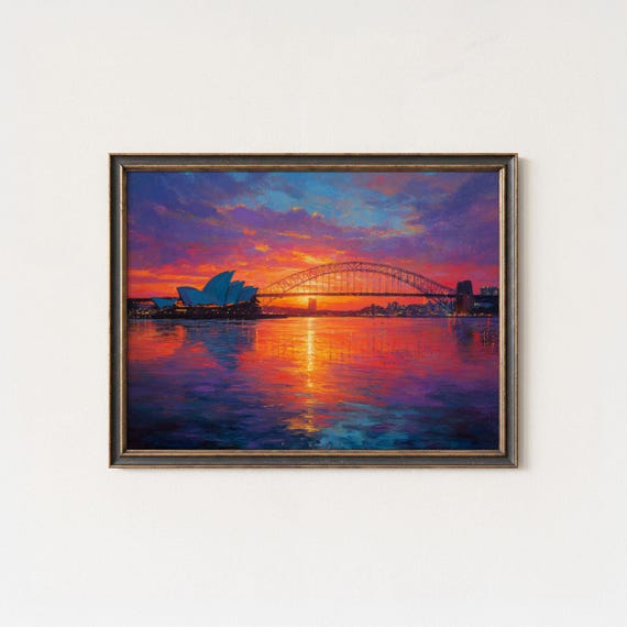 Sydney Opera House Harbour Bridge Sunset Oil Painting Vibrant Wall Art Print