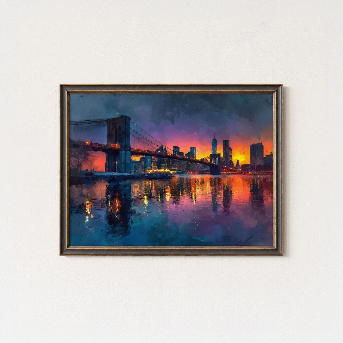 Brooklyn Bridge NYC Sunset Skyline Reflection Oil Painting Poster