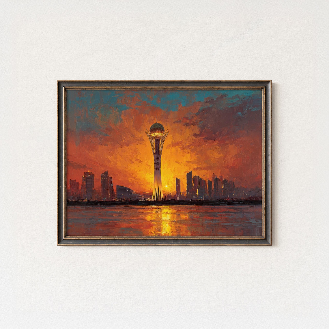Bayterek Tower Sunset Wall Art Astana Kazakhstan Skyline Oil Painting