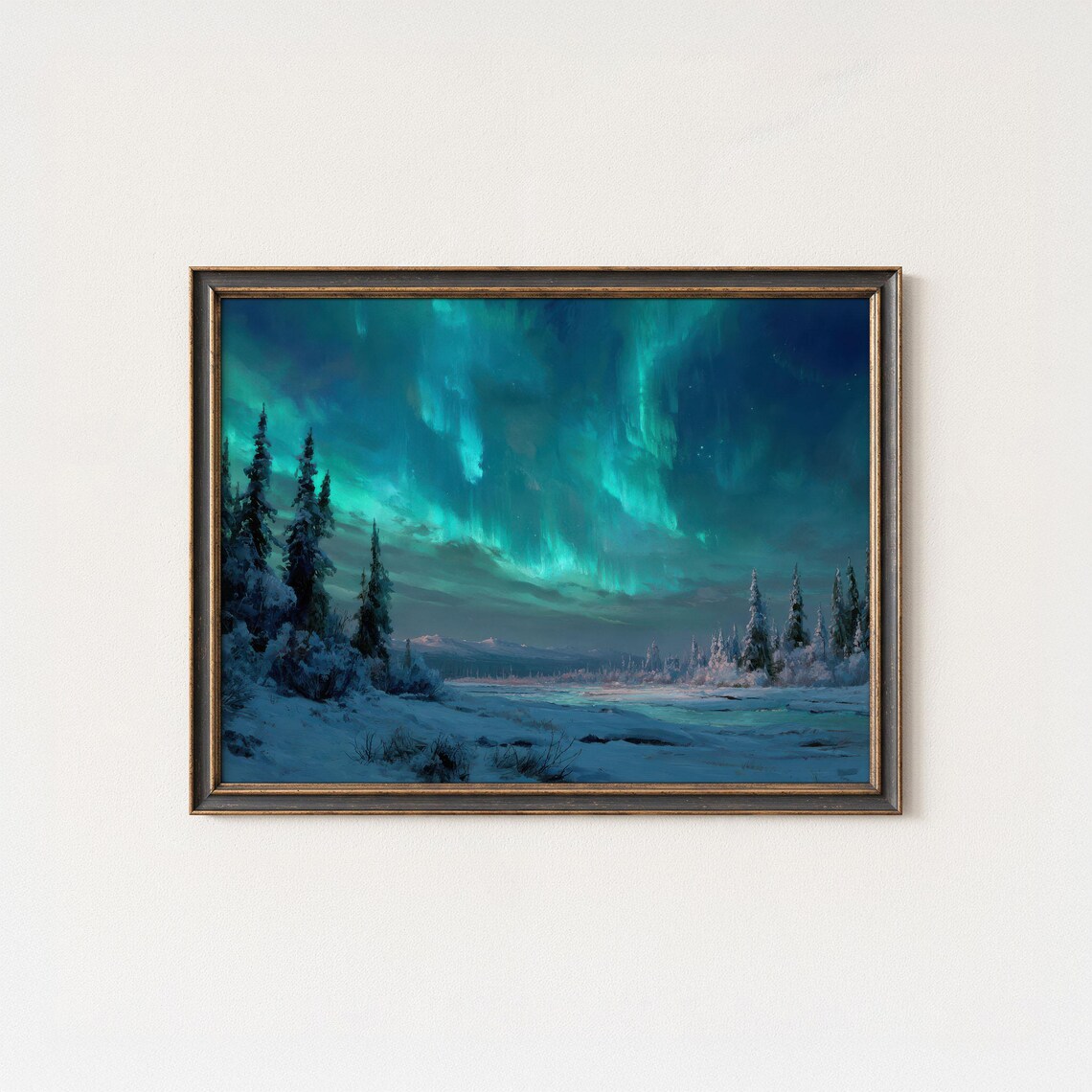 Aurora Borealis Art Print, Winter Forest Landscape