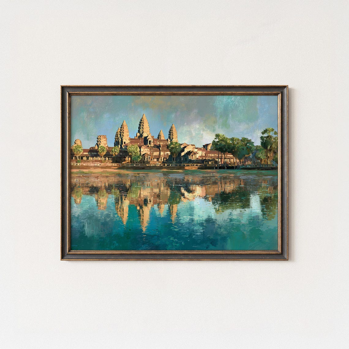 Angkor Wat Golden Temple Reflection Serene Water Painting Poster