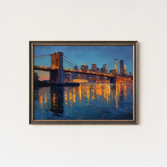 Brooklyn Bridge Night Cityscape Oil Painting Print Manhattan Skyline Art
