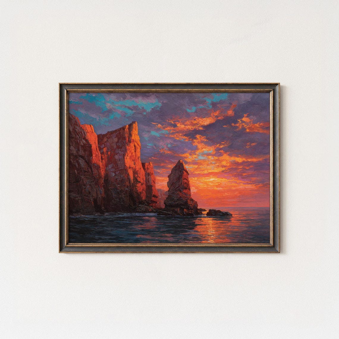 Devils Island Sunset Orange Cliffs Ocean Painting Poster Coastal