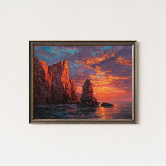 Devils Island Sunset Orange Cliffs Ocean Painting Poster Coastal